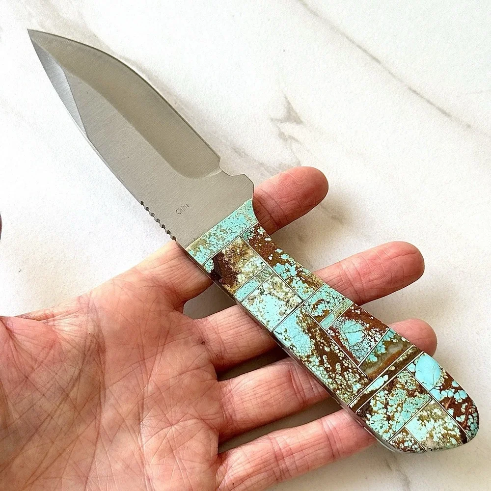 Native Amer Navajo Hunting Knife Number 8 Turquoise Francisco Drop Point Mosaic